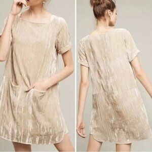Anthropologie Floreat Champayne Crinkle Velvet Shift Tunic Dress Size M Pockets